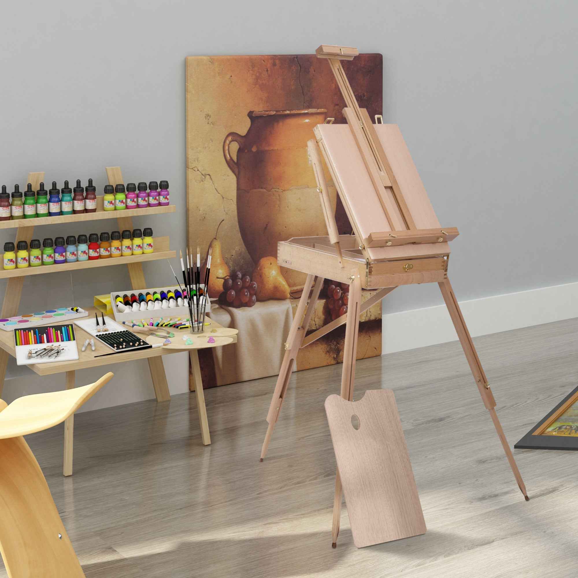 HOMCOM Tripod Easel with Drawer, Palette and Adjustable Shoulder Strap, Beech Wood, Wood Color
