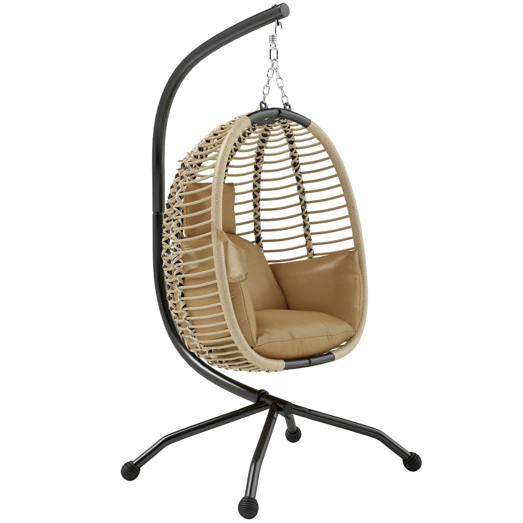 Outsunny Hanging Chair with Padded Cushion, Folding Seat and Steel and Rope Frame, Beige