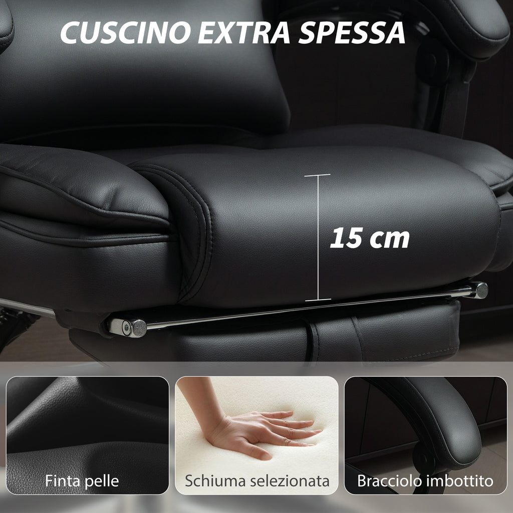 PU Leather Office Chair with Footrest, Adjustable Headrest and Lumbar Support, Black