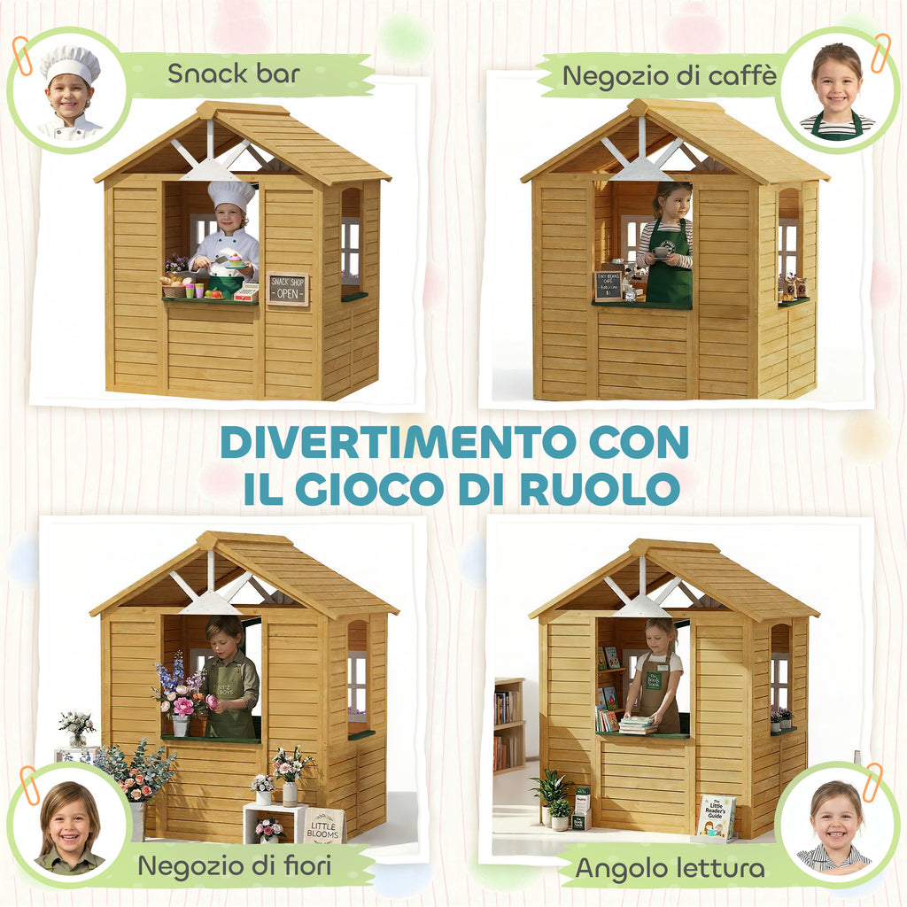 AIYAPLAY Children's Garden Playhouse Made of Fir Wood with Windows, 2 Planters, Door and Roof, Ages 3-8, Brown