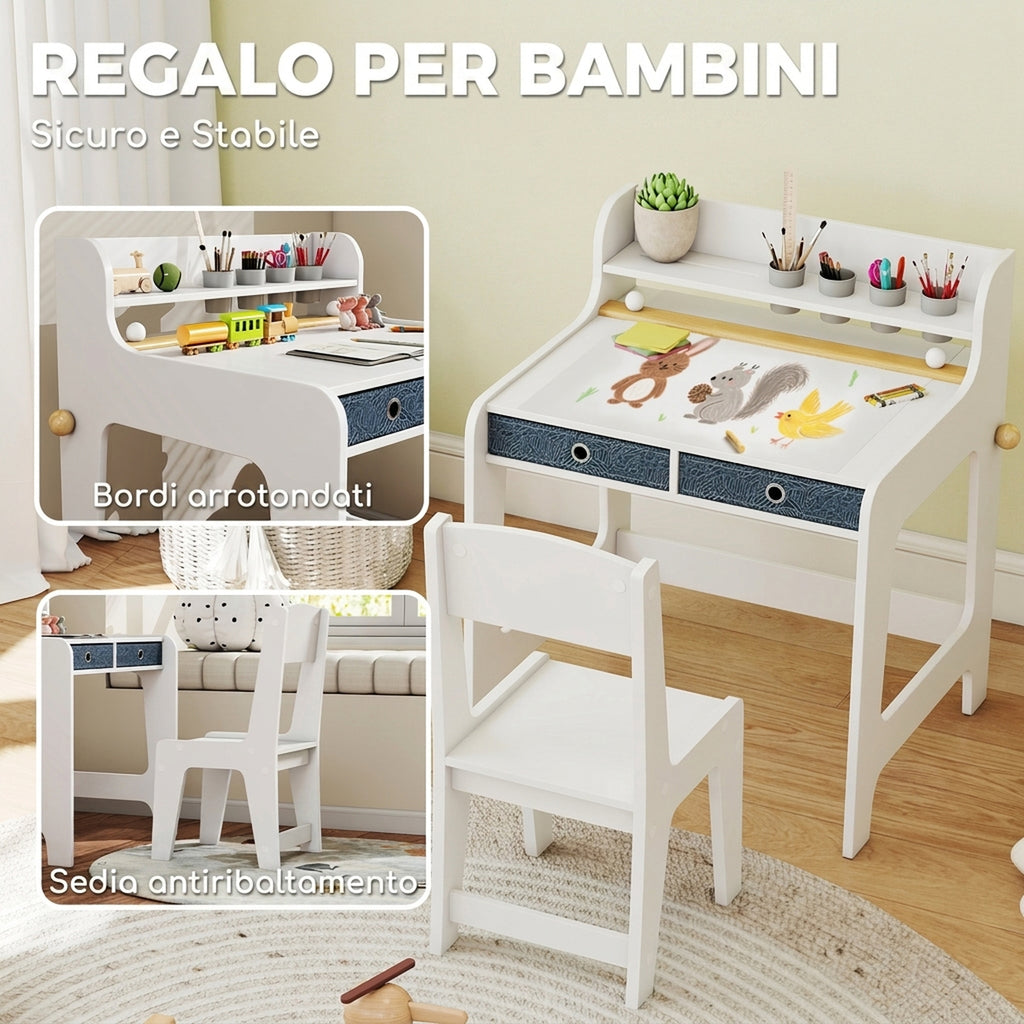 AIYAPLAY Children's Desk and Chair Set with Shelf, Cup Holder, Drawers, Wooden Kids' Room Furniture