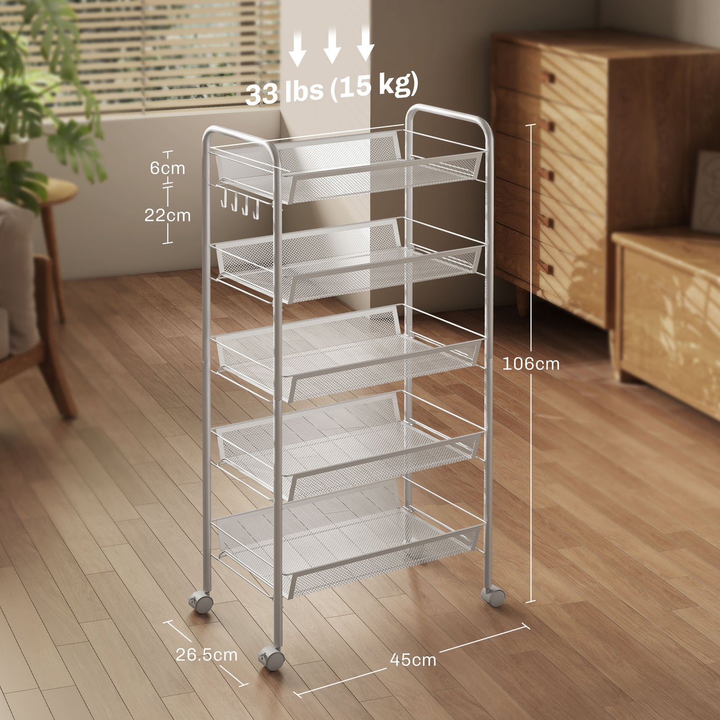 5-Tier Space-Saving Kitchen Cart with Steel Mesh Baskets, 45x26.5x106cm, White