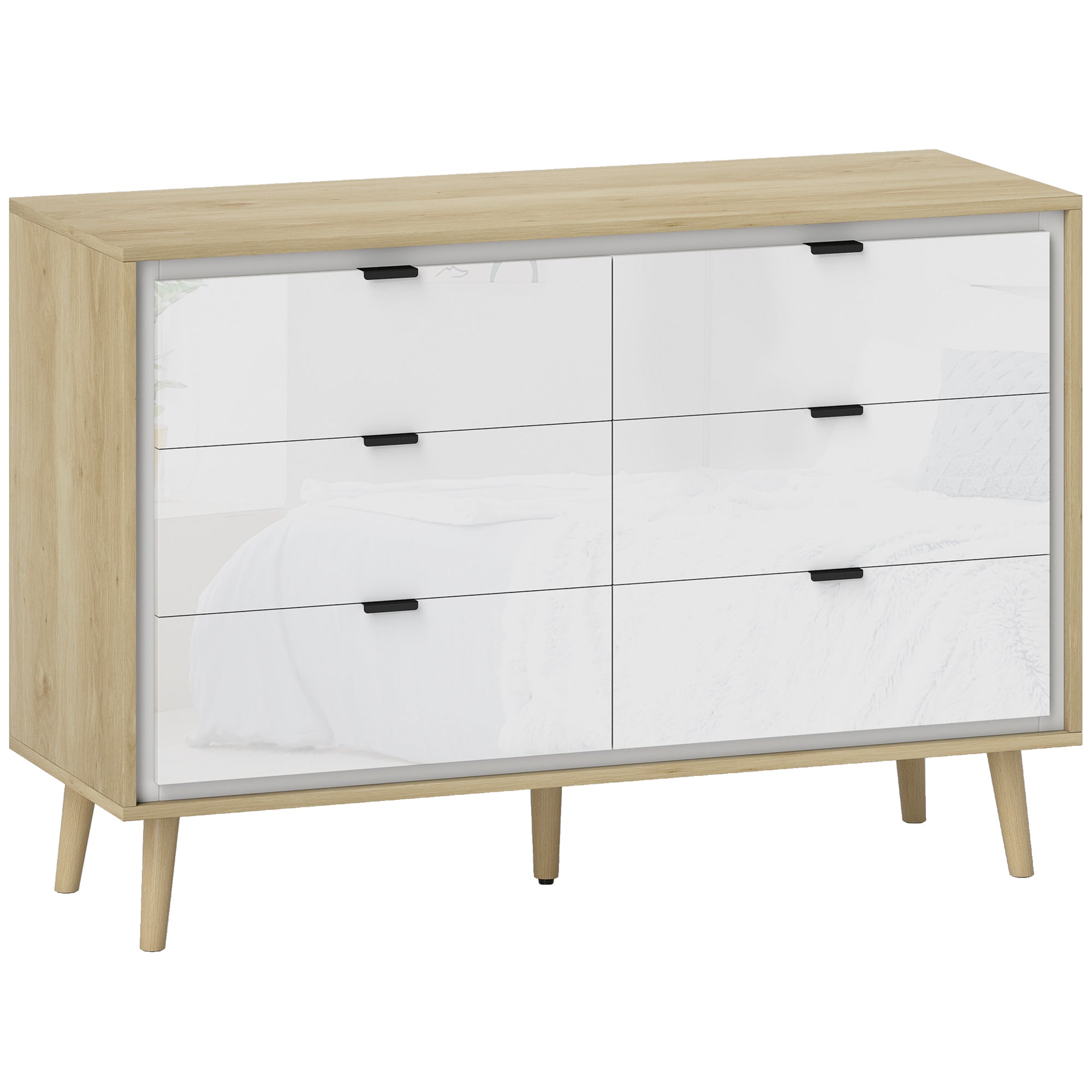 6-Drawer Wooden Chest of Drawers for Bedroom, 110x40x75 cm, Gloss White and Oak