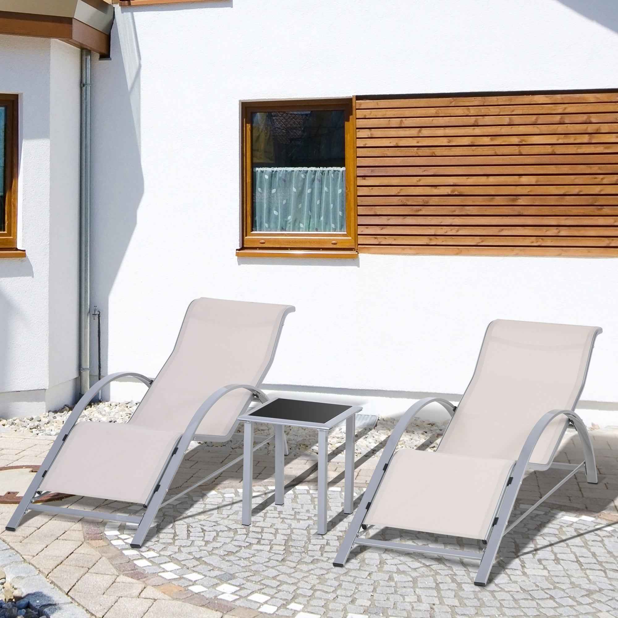 Outsunny Set of 2 Sun Loungers and Coffee Table with Glass Top, 59x169x66 cm, Cream
