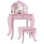 HOMCOM Children's Dressing Table with Stool and Adjustable Mirror, Girls' Dressing Table with Drawer, Pink
