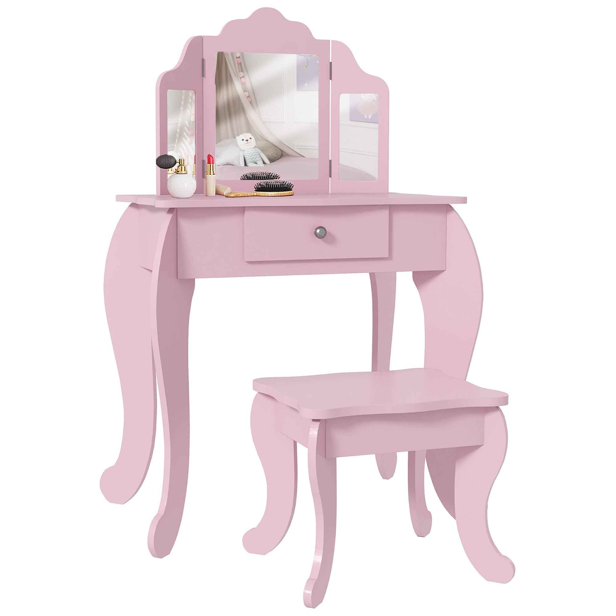 HOMCOM Children's Dressing Table with Stool and Adjustable Mirror, Girls' Dressing Table with Drawer, Pink
