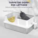 Enclosed Cat Litter Box with 2 Mats, Stainless Steel, ABS and PP, 60.5x40.5x42 cm, White and Silver