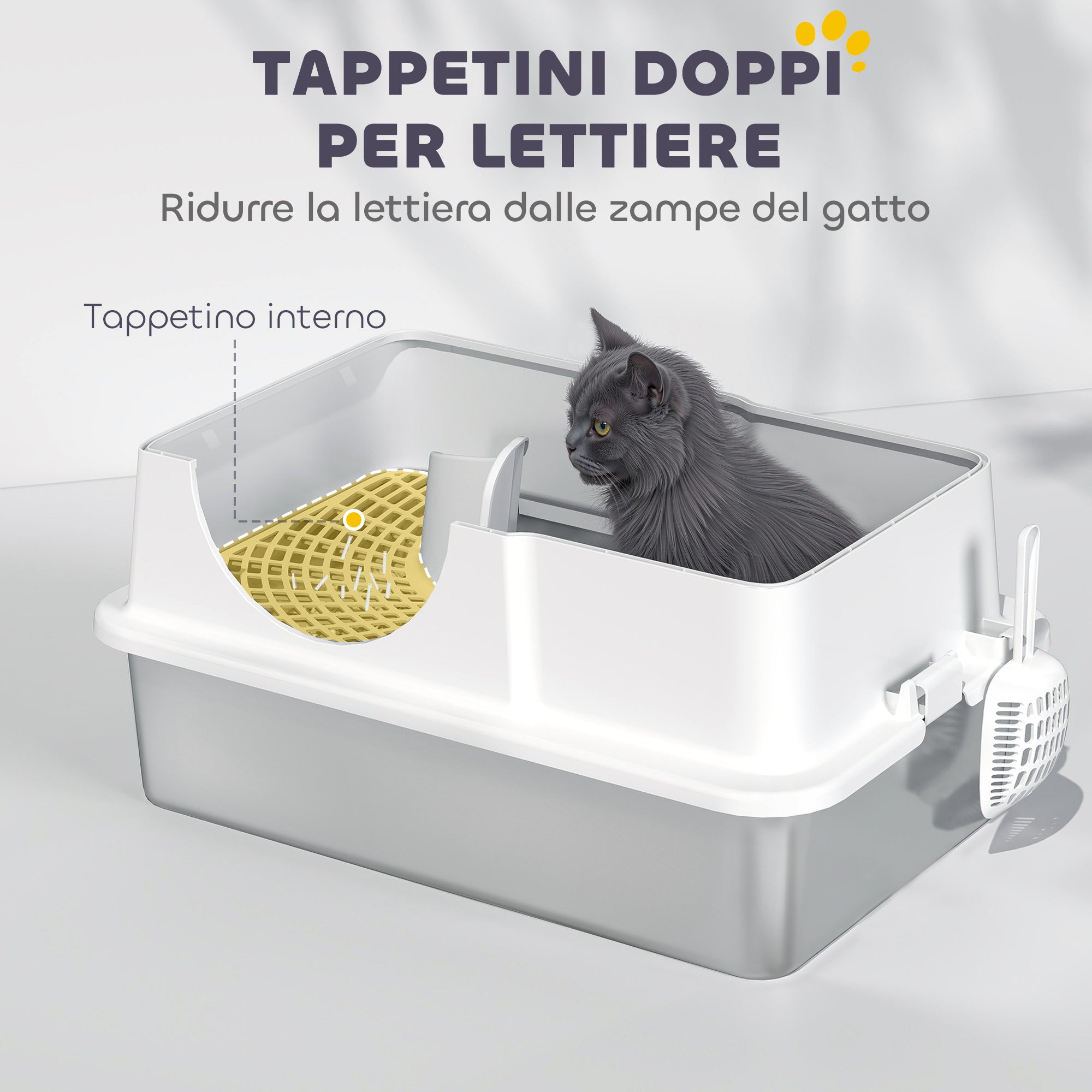 Enclosed Cat Litter Box with 2 Mats, Stainless Steel, ABS and PP, 60.5x40.5x42 cm, White and Silver