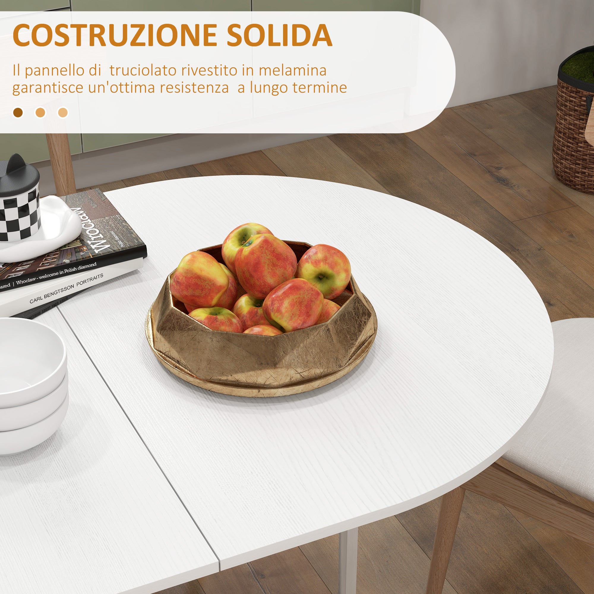 Folding Table for 6 People with 2 Oval Wooden Drop-Leafs, 163x80x75 cm, White