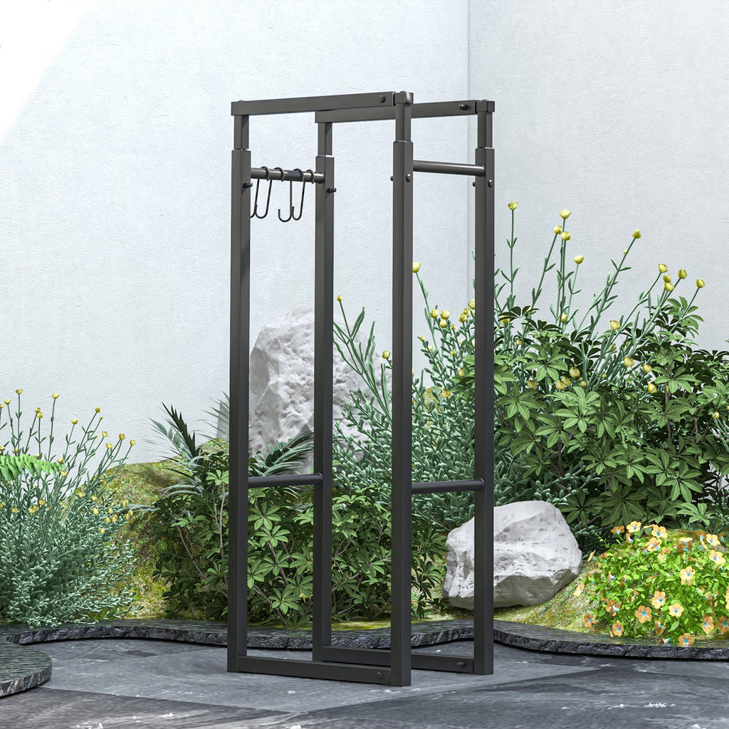 Adjustable Indoor Outdoor Metal Log Holder with S Hooks, 40-65x25x100-150cm, Black