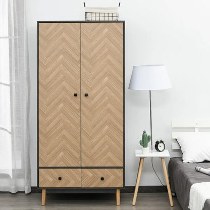 MANIRO | 2-Door Wooden Wardrobe with 4 Shelves, 2 Drawers and Hangers, Dark Grey, 90x50x190 cm