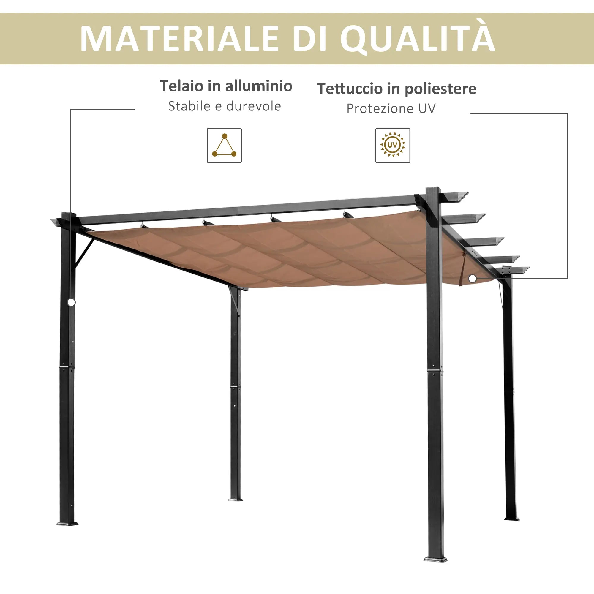 DAISY | Gazebo Garden Pergola 3x4m with Polyester Fabric and Aluminum Frame, Gray and Brown