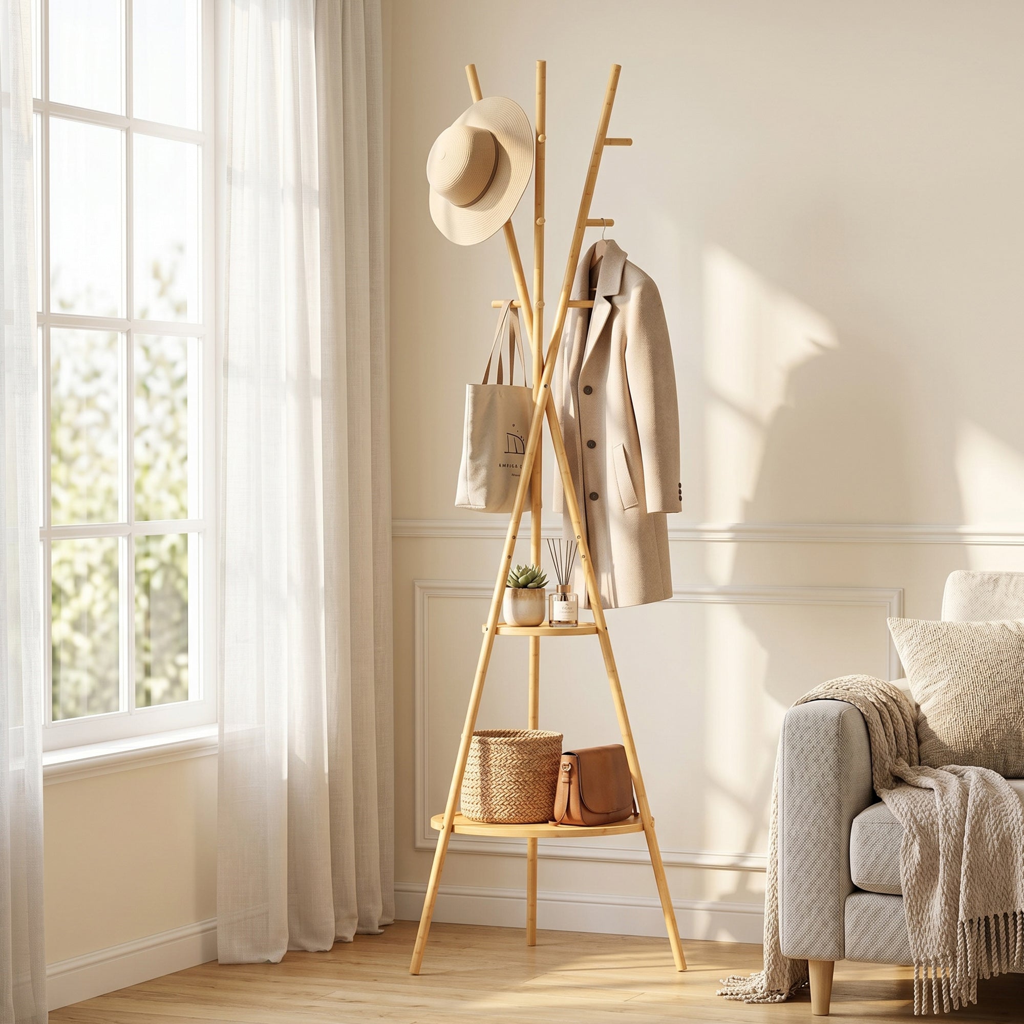 HOMCOM Clothes Tree with 9 Hooks and 2 Shelves, Natural