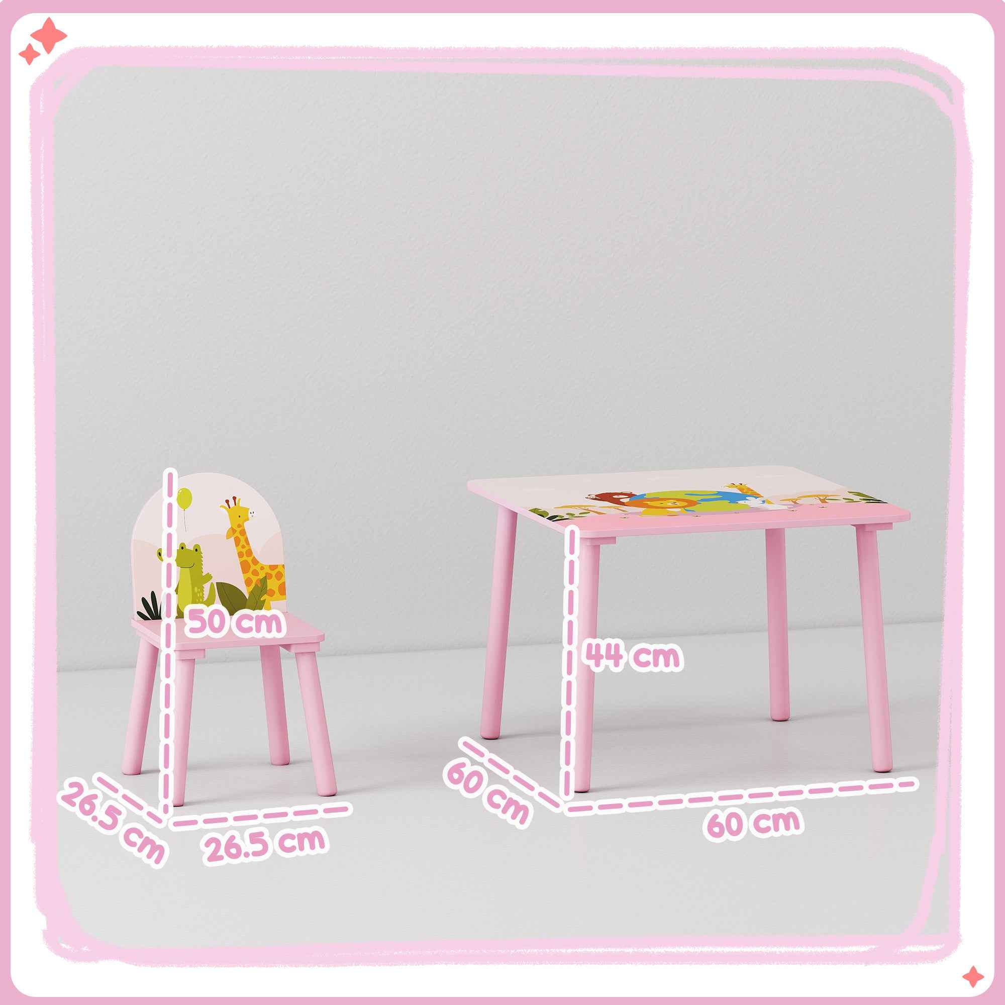 AIYAPLAY Children's Table and Chair Set for 3-8 Years Old with Animal Patterns and Rounded Edges, in MDF and Pink Pine Wood