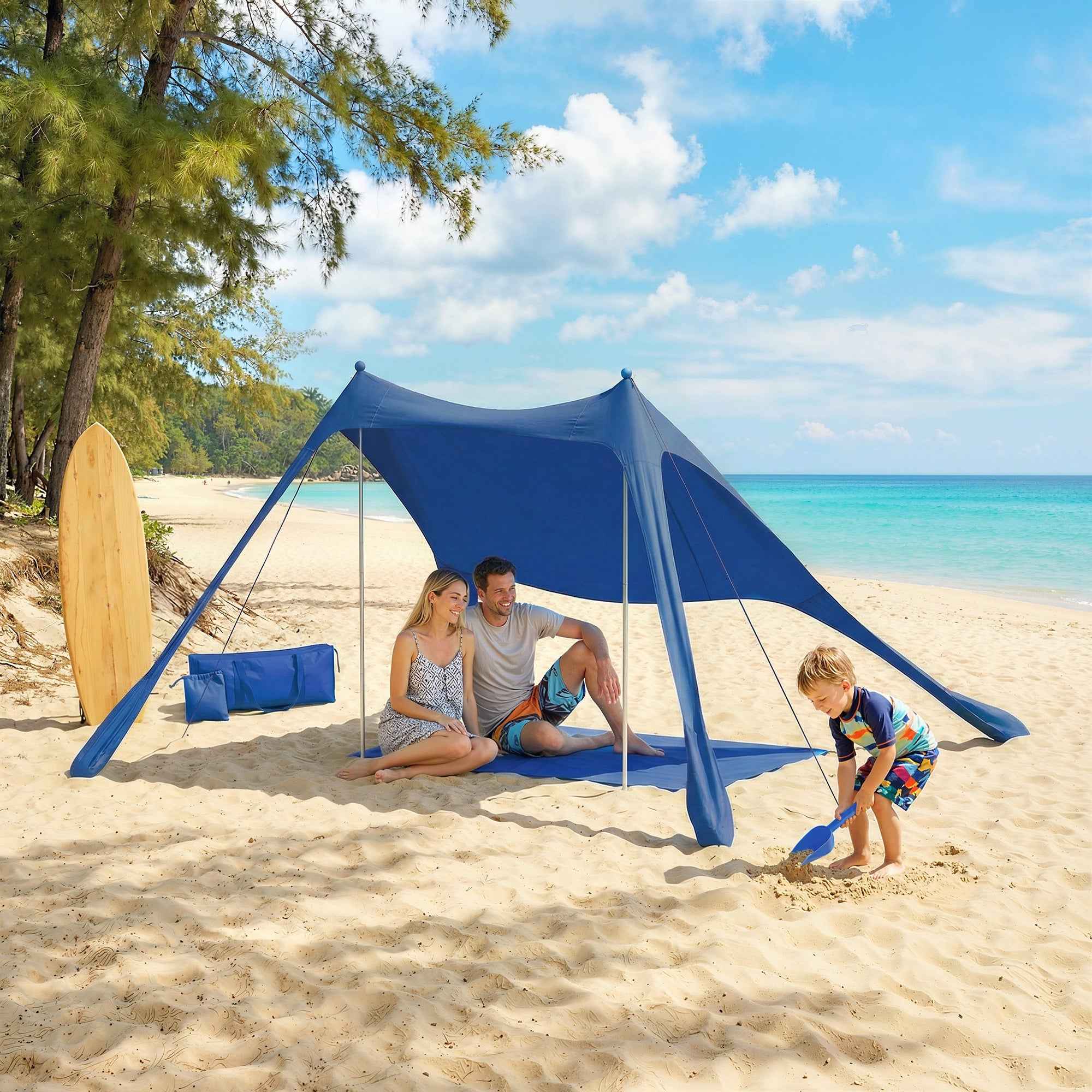 Outsunny UV 50+ Beach Tent for 2-4 People with Mat and Shovel, in Lycra and Aluminum, 200x208x200 cm, Blue