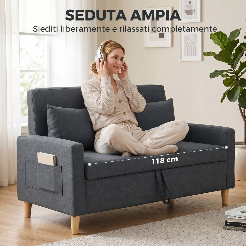 HOMCOM 2-Seater Sofa with Storage Space and Cushions, in Linen and Wood Effect Fabric, 135x72x84 cm, Dark Grey