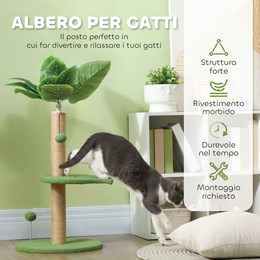 Cat Tree with Scratching Post, Platforms and Balls, Plush and Chipboard, Ø40x83 cm, Green