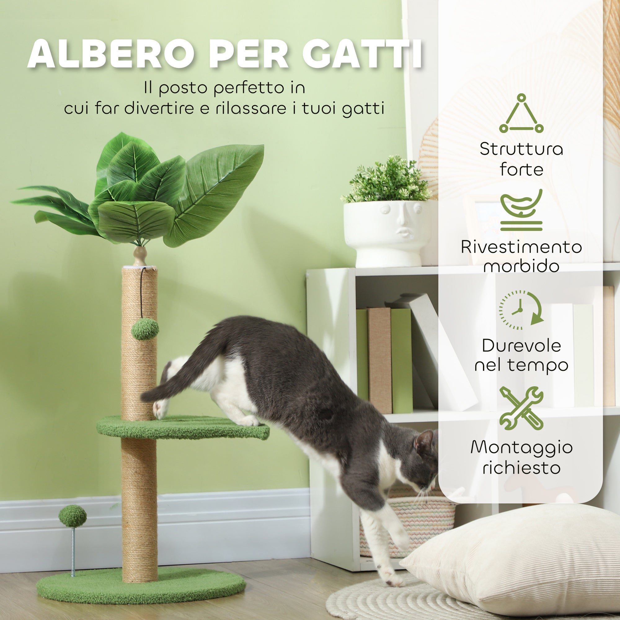 Cat Tree with Scratching Post, Platforms and Balls, Plush and Chipboard, Ø40x83 cm, Green