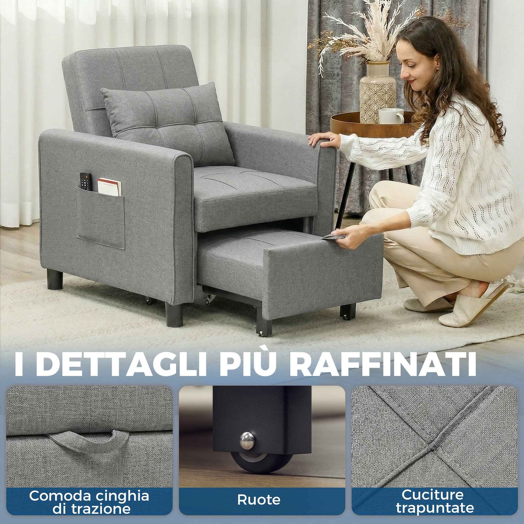 Folding Convertible Sofa Bed with Adjustable Backrest and Cushion, Grey