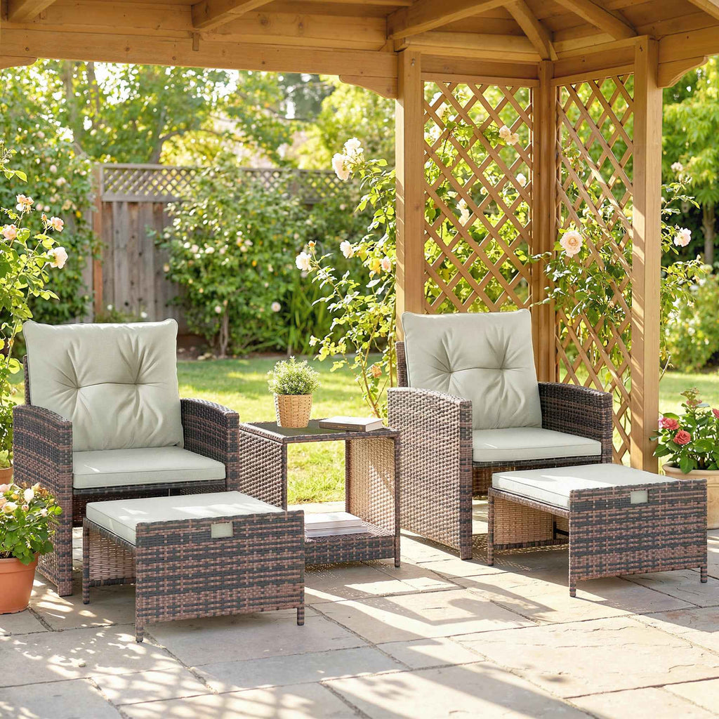 Outsunny 5-Piece Rattan and Steel Outdoor Set with 2 Ottomans, 2 Chairs and 2-Tier Coffee Table, Brown and Cream