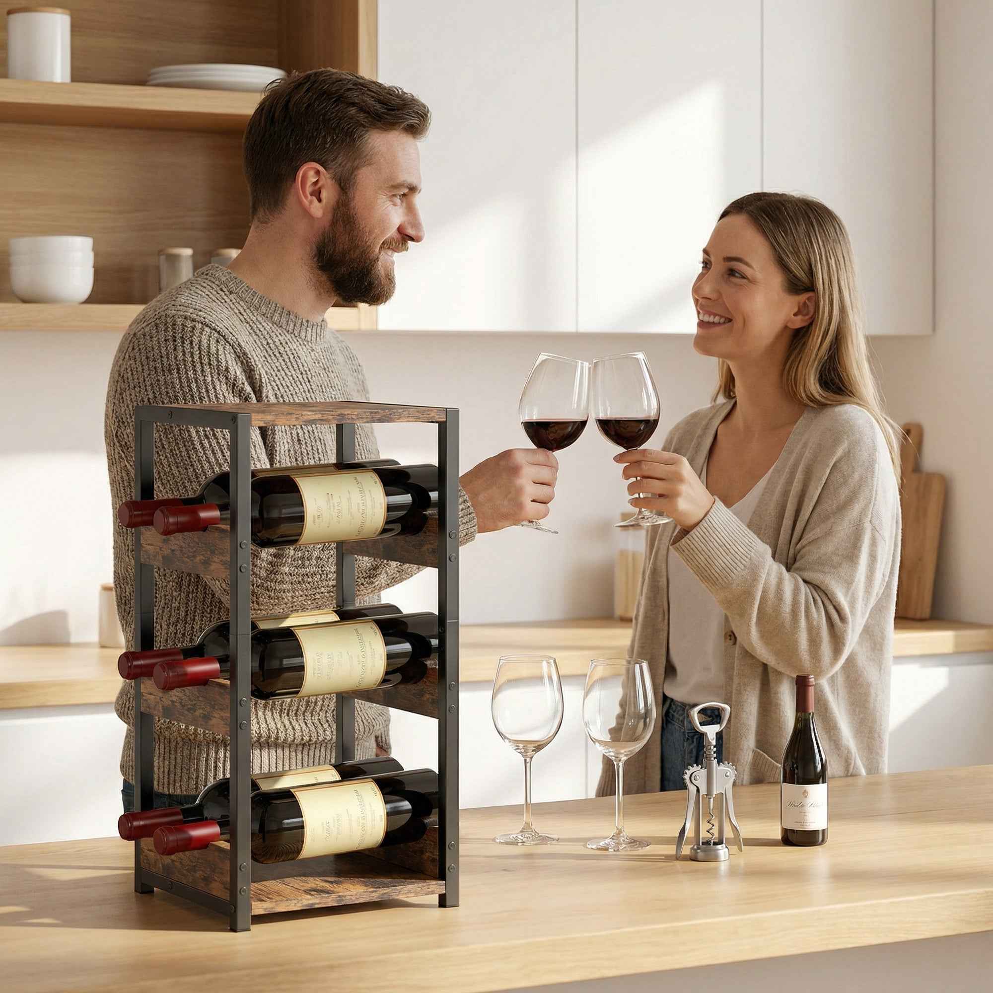 HOMCOM Wine Rack, Wavy Shelves, Adjustable Feet, Rustic Brown, Black.