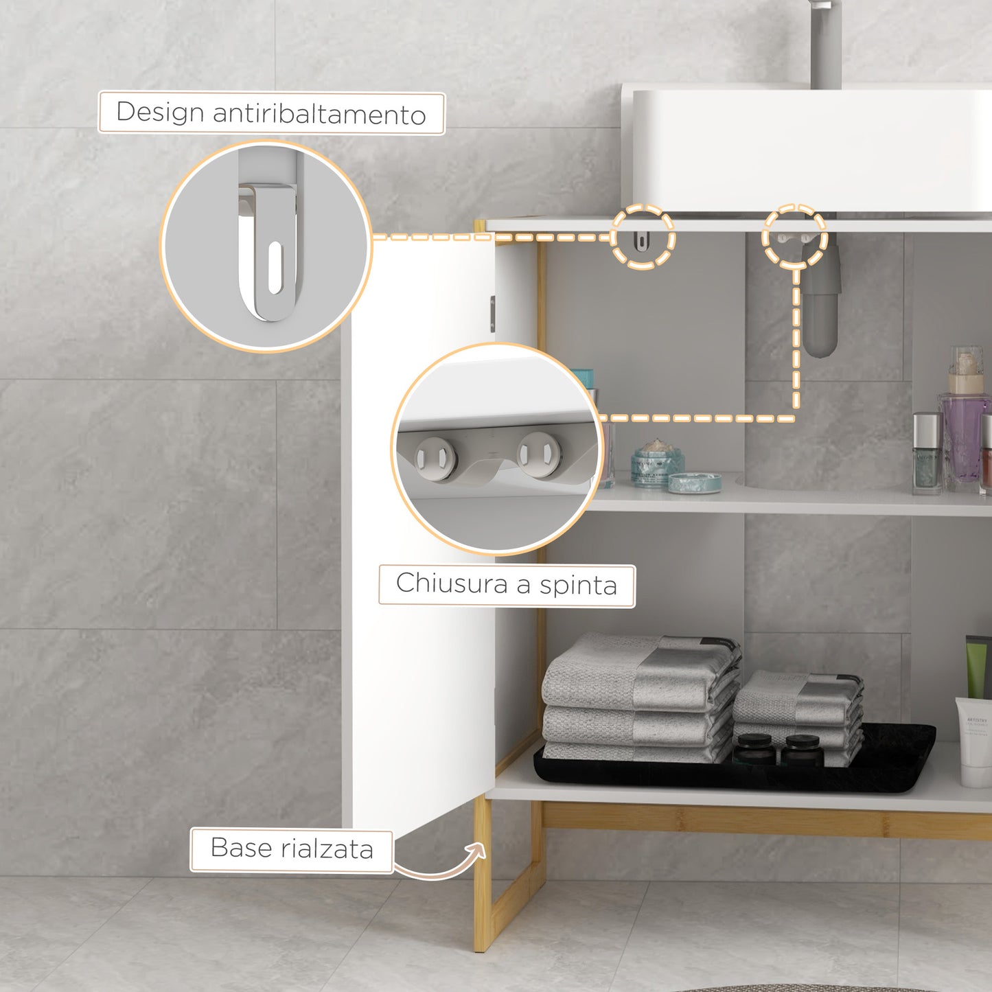 Bathroom Vanity Cabinet with 2 Push-On Doors in Bamboo and MDF with U-Cut, 70x33x79.5cm, White