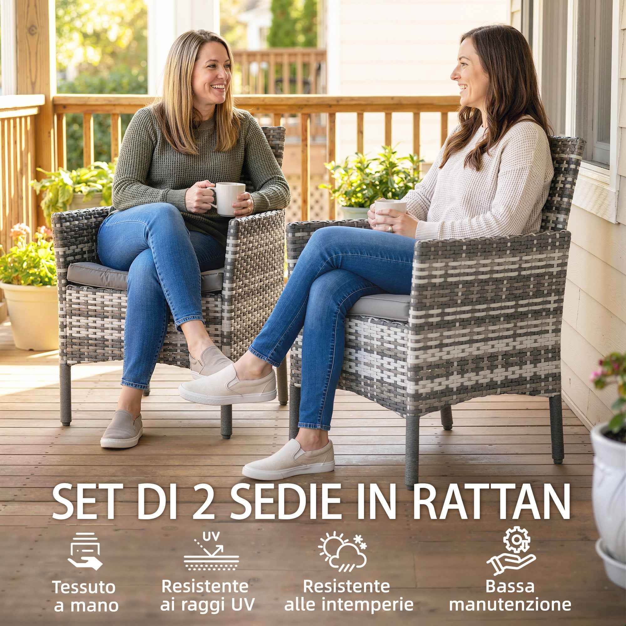 Outsunny Set of 2 Rattan Garden Chairs with Cushions and Armrests, Grey
