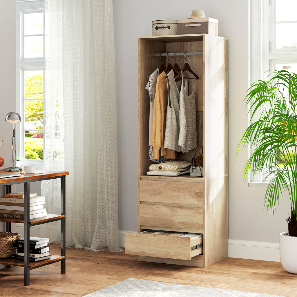 Wardrobe with Clothes Rail, Open Shelf and 3 Drawers, in Wood, 60x48.5x185 cm, Teak color
