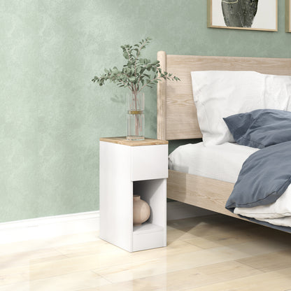 Modern Bedside / Side Table with Drawer and Wooden Shelf, 20x30x50 cm, White