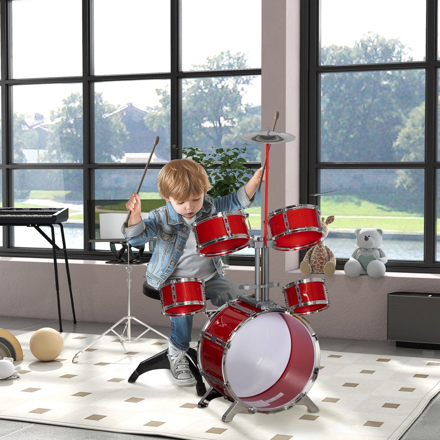 AIYAPLAY 5-Piece Kids Drum Set with Bass Drum with Pedal, Drums, Cymbal and Stool, Ages 3-6 Years, Red