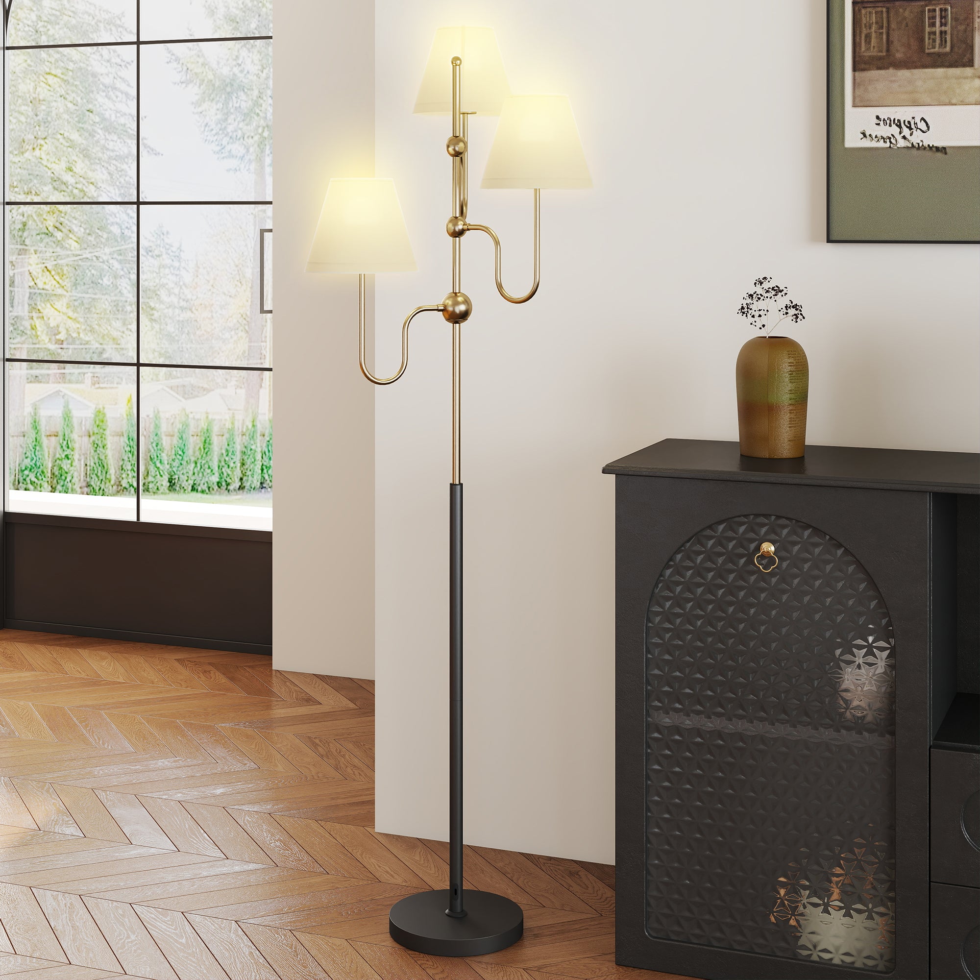 165cm High Floor Lamp with 3 Light Points and Foot Switch, E27 Socket Max 40W, Gold