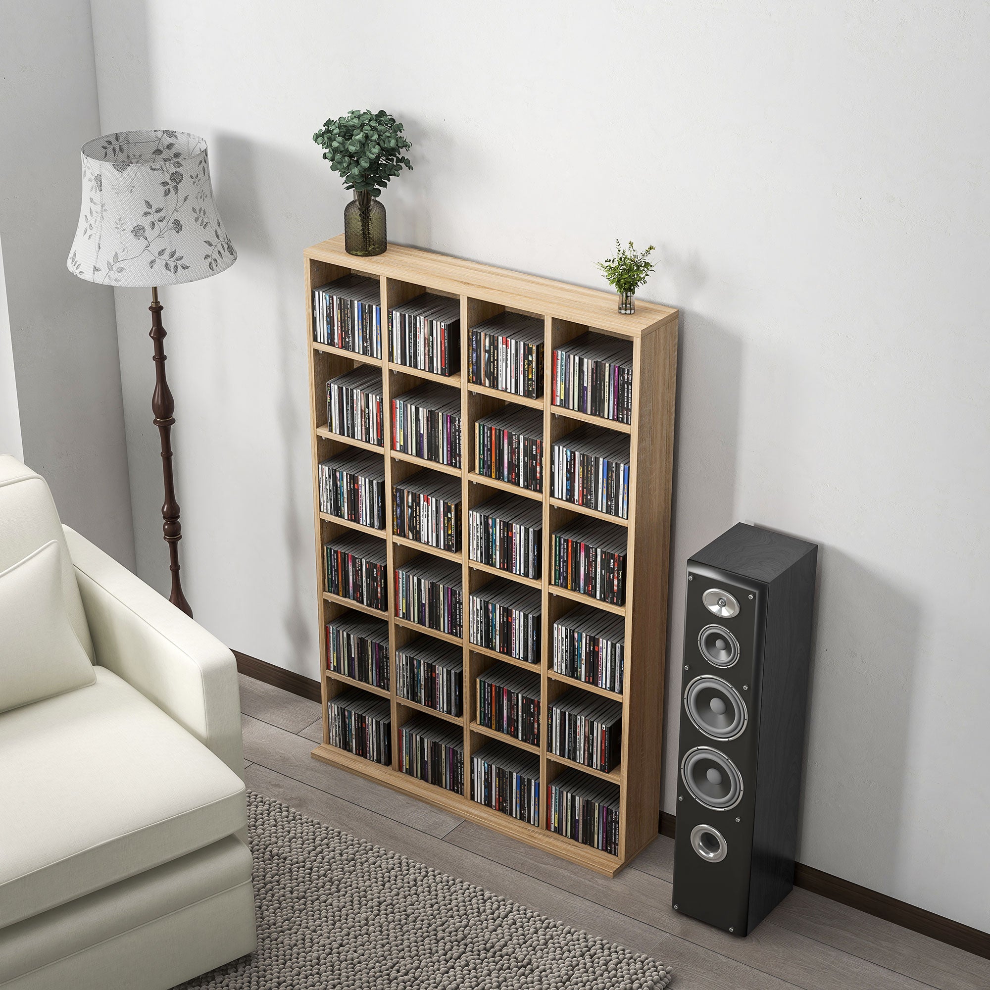 CD Cabinet with Adjustable Shelves for 456 CDs or 336 DVDs, 24 Compartments, 89x20x130.5 cm, Wood