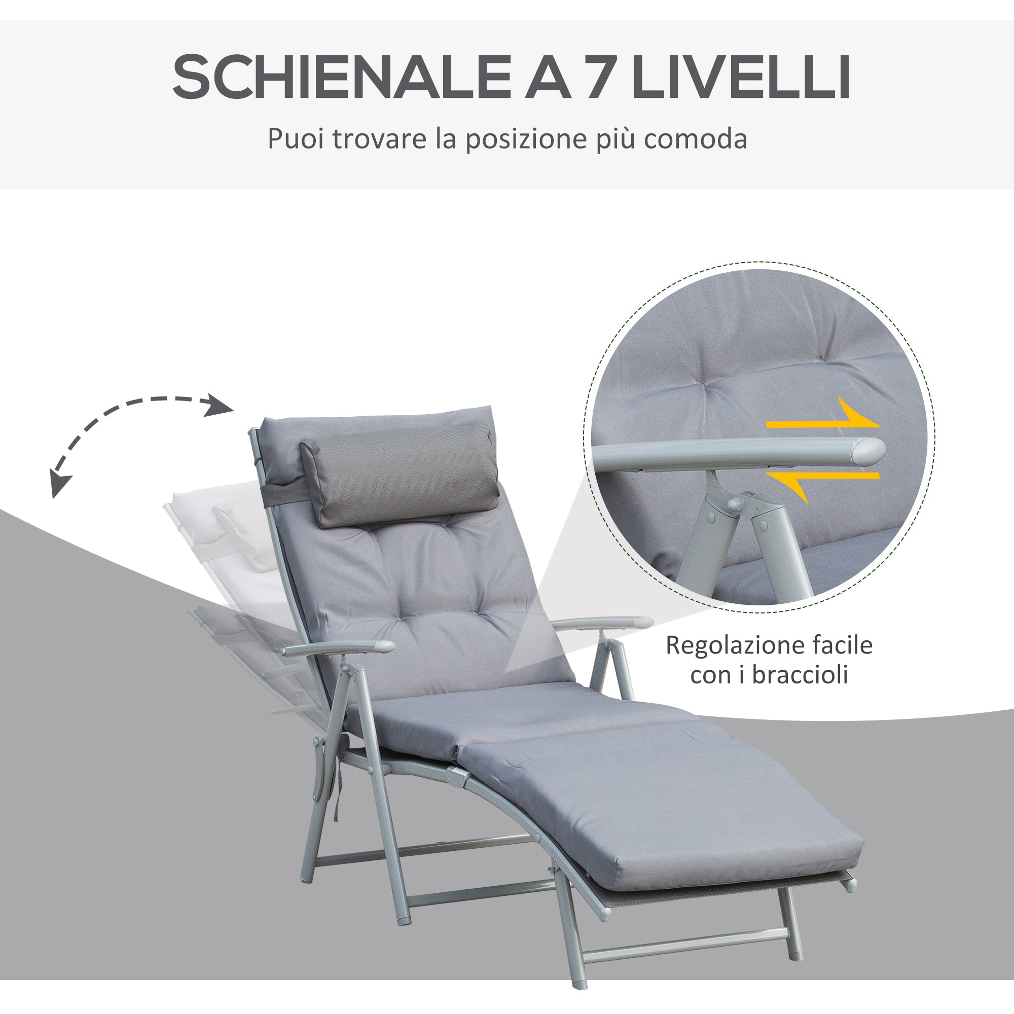 Folding Garden Lounger with Mattress and Cushion, 7-Reclining Backrest, 137x63.5x100.5cm, Grey