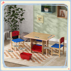 Children's Table and Chair Set 3-7 Years with 2 Chairs and Table with 4 Containers, in Wood and PP, Wood Color