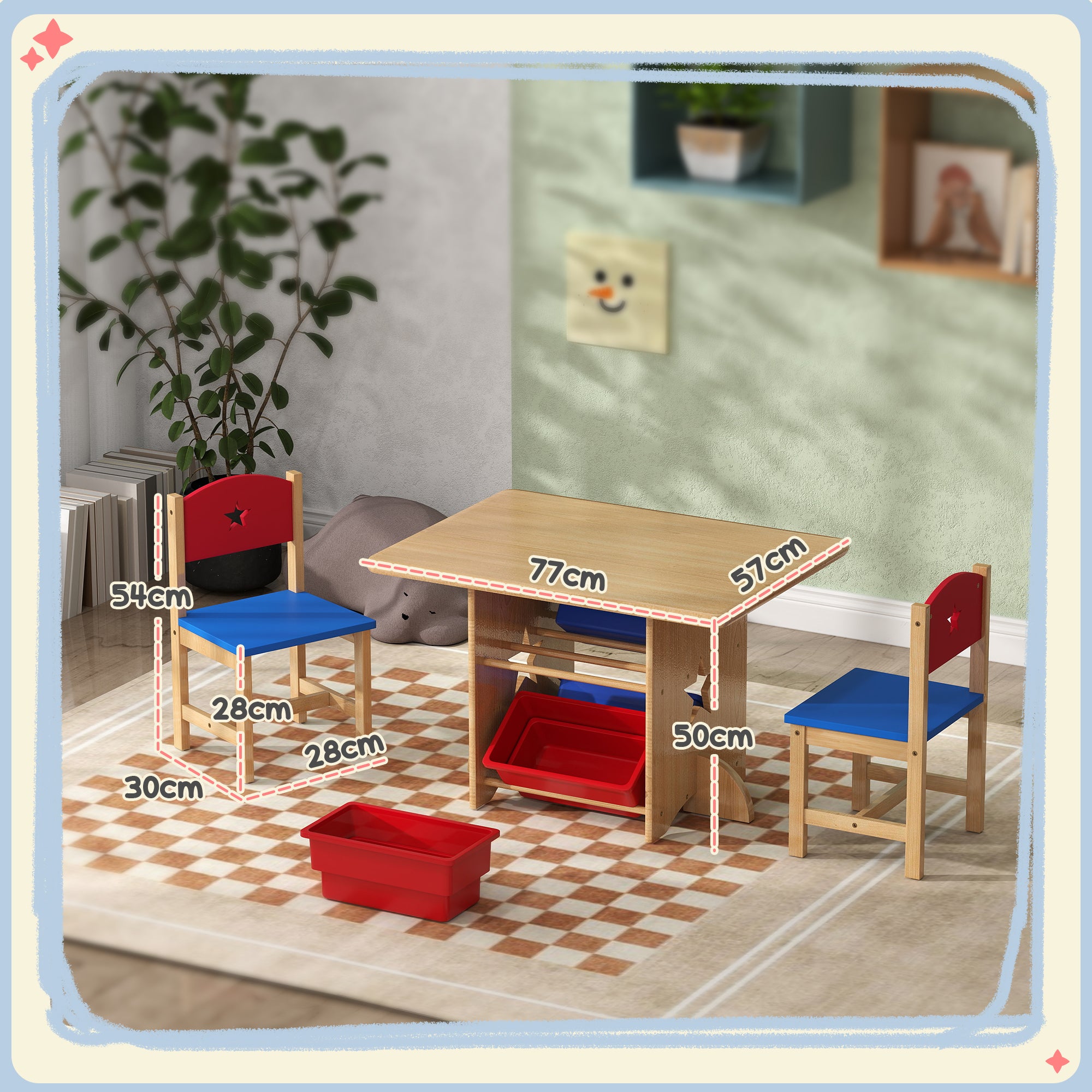 Children's Table and Chair Set 3-7 Years with 2 Chairs and Table with 4 Containers, in Wood and PP, Wood Color