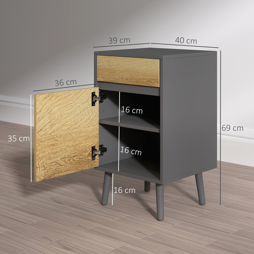 Modern Handleless Nightstand with Drawer and Cabinet, 40x39x69 cm, Dark Grey and Wood