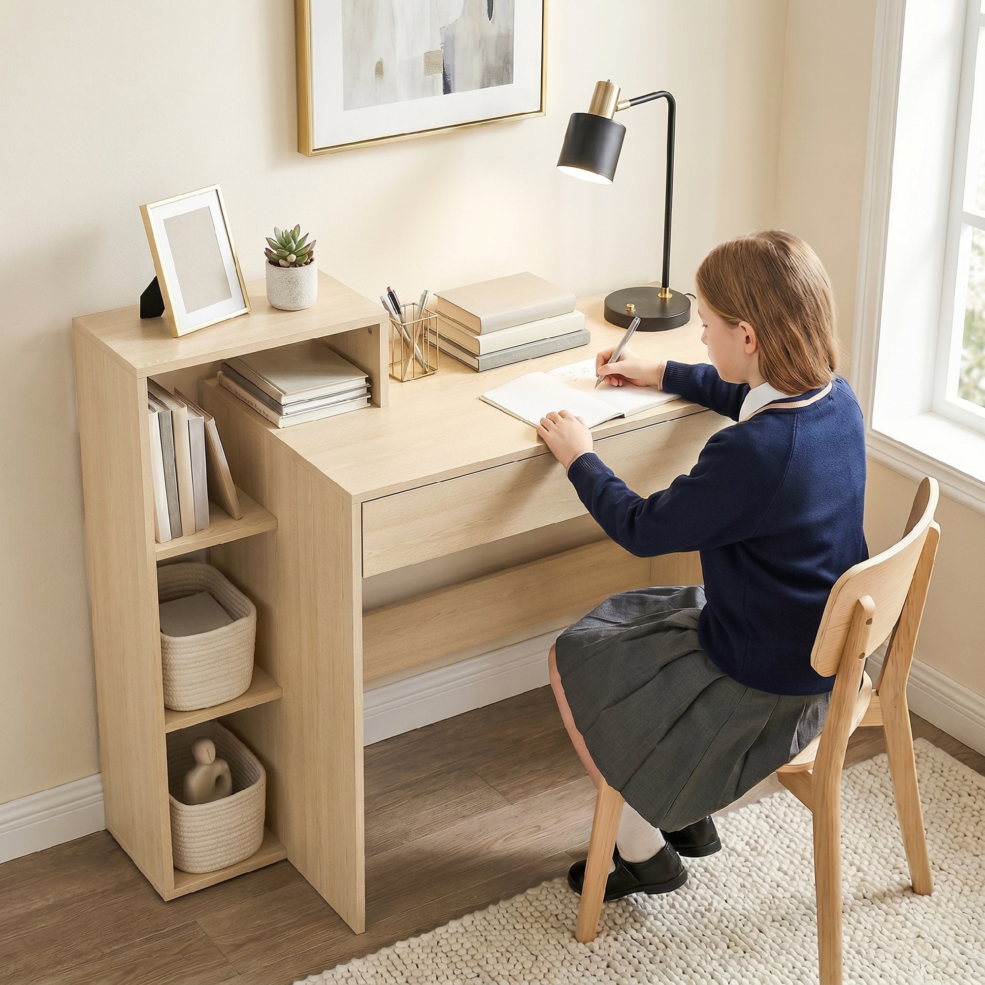 HOMCOM Modern PC Desk with 3 Open Shelves and Drawer, Wooden, Wood Color, 100x40x90 cm