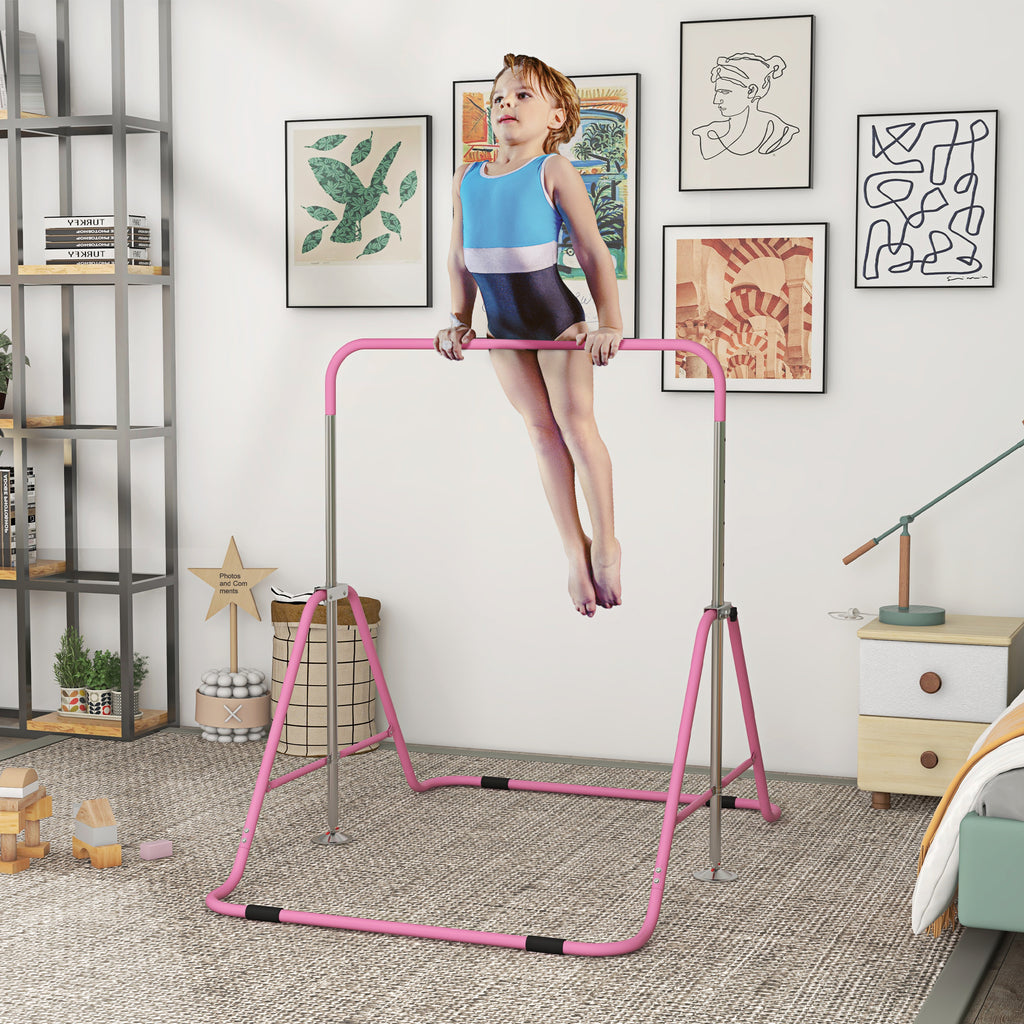Folding Pull Up Bar for Children 3-8 Years with Adjustable Heights in Steel, 154x106.2x88.5-128.5cm, Pink