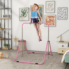 Folding Pull Up Bar for Children 3-8 Years with Adjustable Heights in Steel, 154x106.2x88.5-128.5cm, Pink