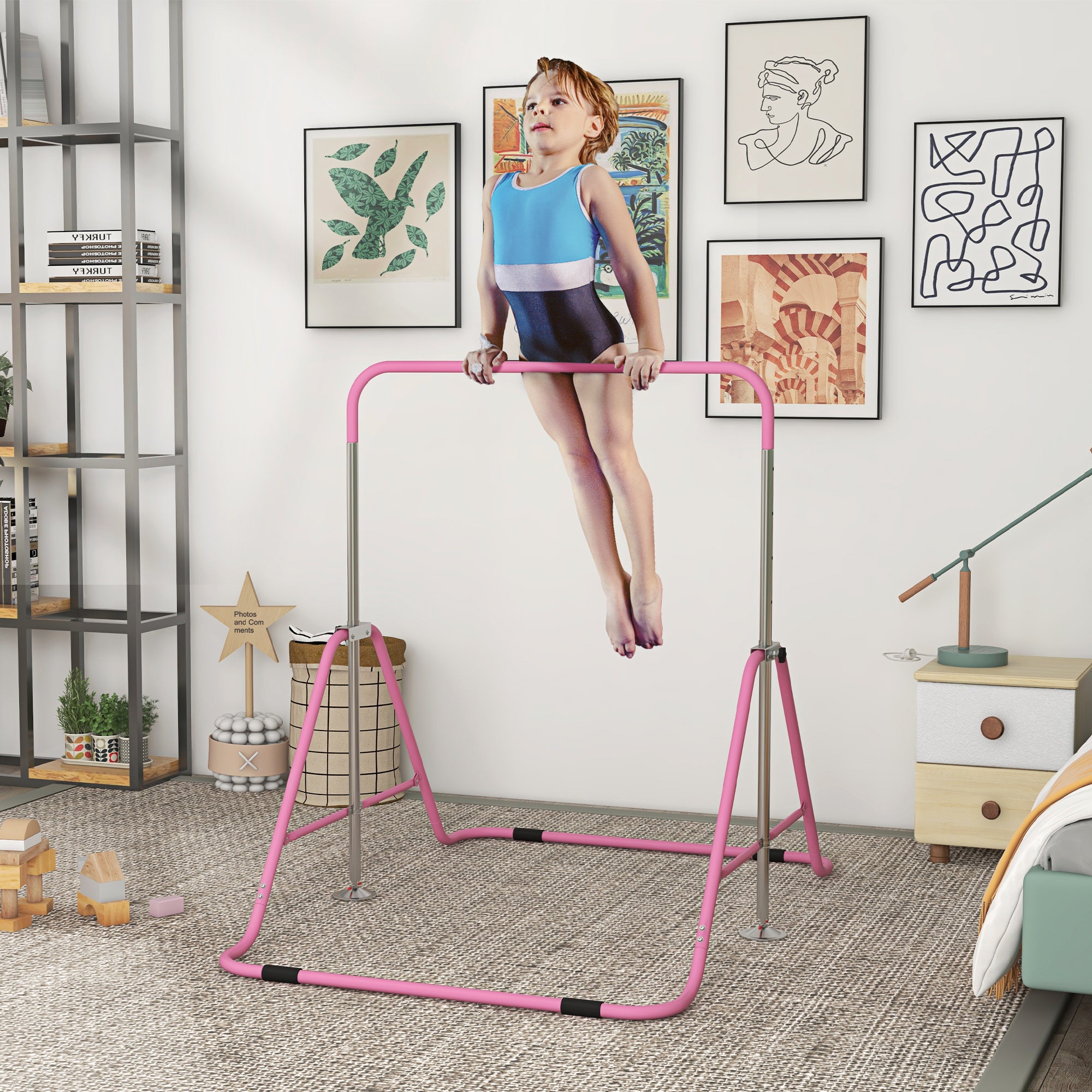 Folding Pull Up Bar for Children 3-8 Years with Adjustable Heights in Steel, 154x106.2x88.5-128.5cm, Pink