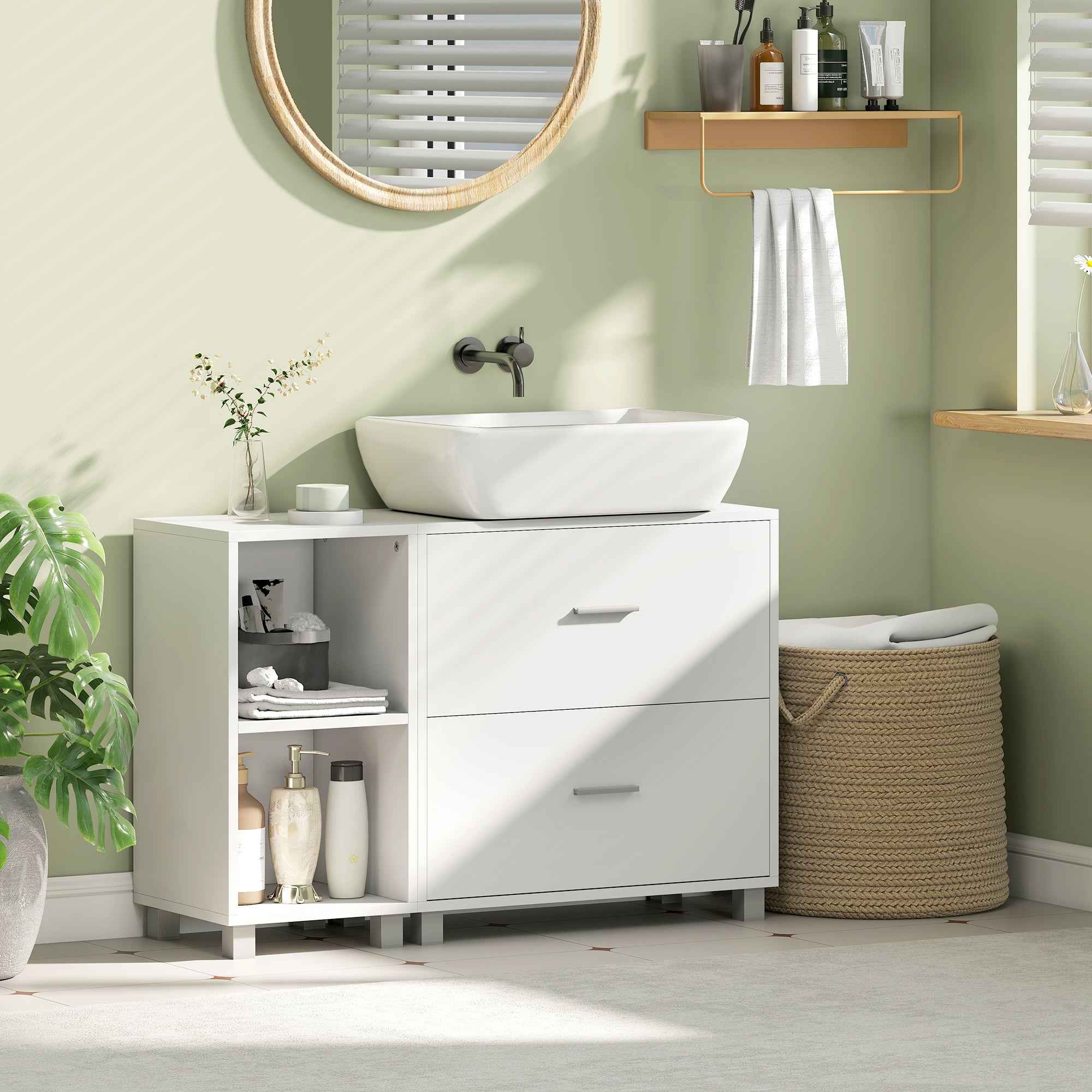 HOMCOM Bathroom Vanity Unit with 2 Drawers and Open Shelves, Wooden, 90x30x60 cm, White