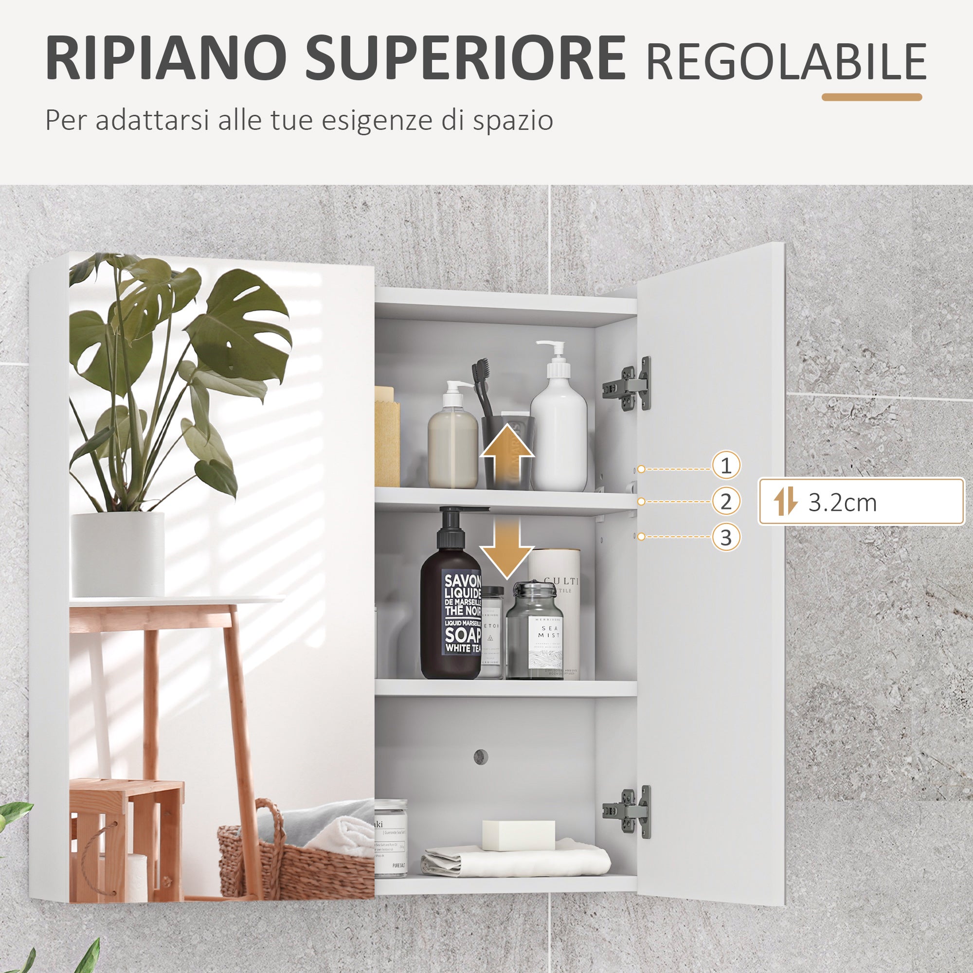 kleankin Mirrored Cabinet with 3 Adjustable Internal Shelves, in Wood and Glass, 60x15x60 cm, White