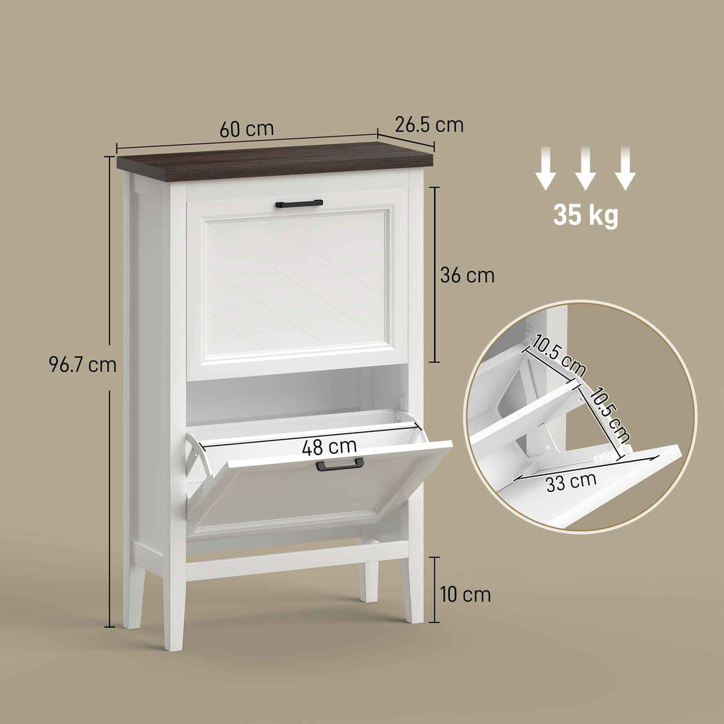 HOMCOM Country Shoe Rack with 2 Flap Drawers, Adjustable Shelves, White Design.
