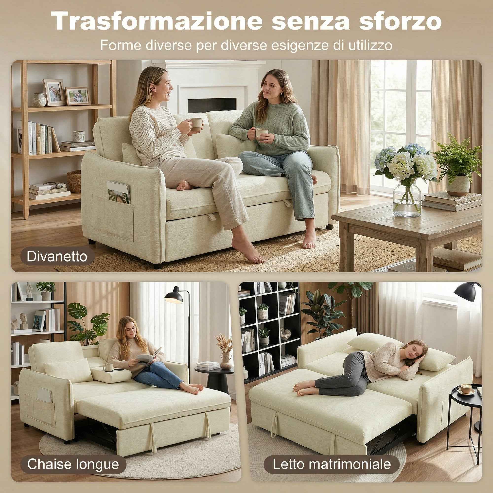 HOMCOM 3-in-1 2-Seater Sofa Bed with 3-Position Adjustable Backrest and 2 Cushions, Chenille, Beige