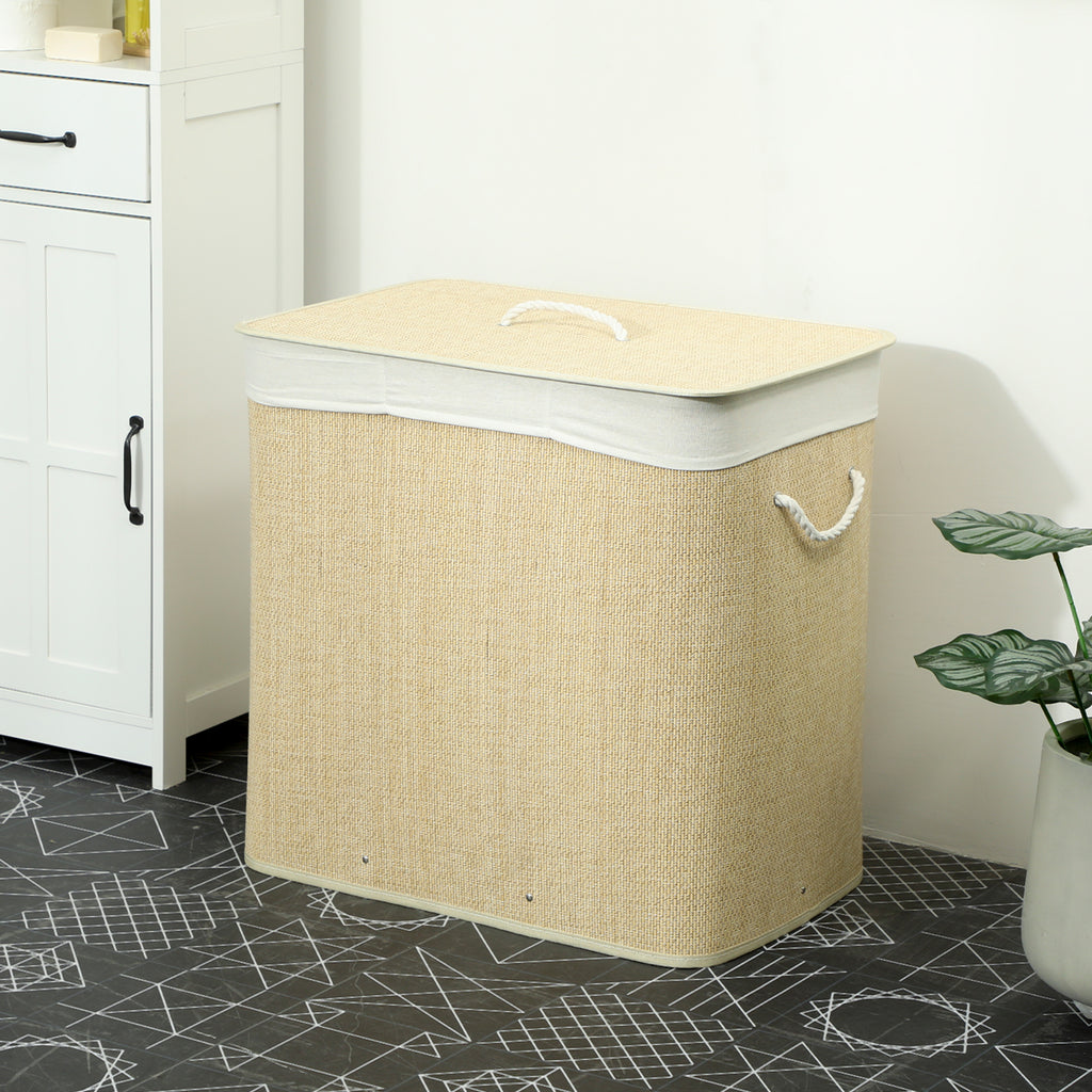 HOMCOM Bamboo Laundry Hamper with Lid, 144L, 3 Compartments, Removable and Washable Bag, Handles, Cream