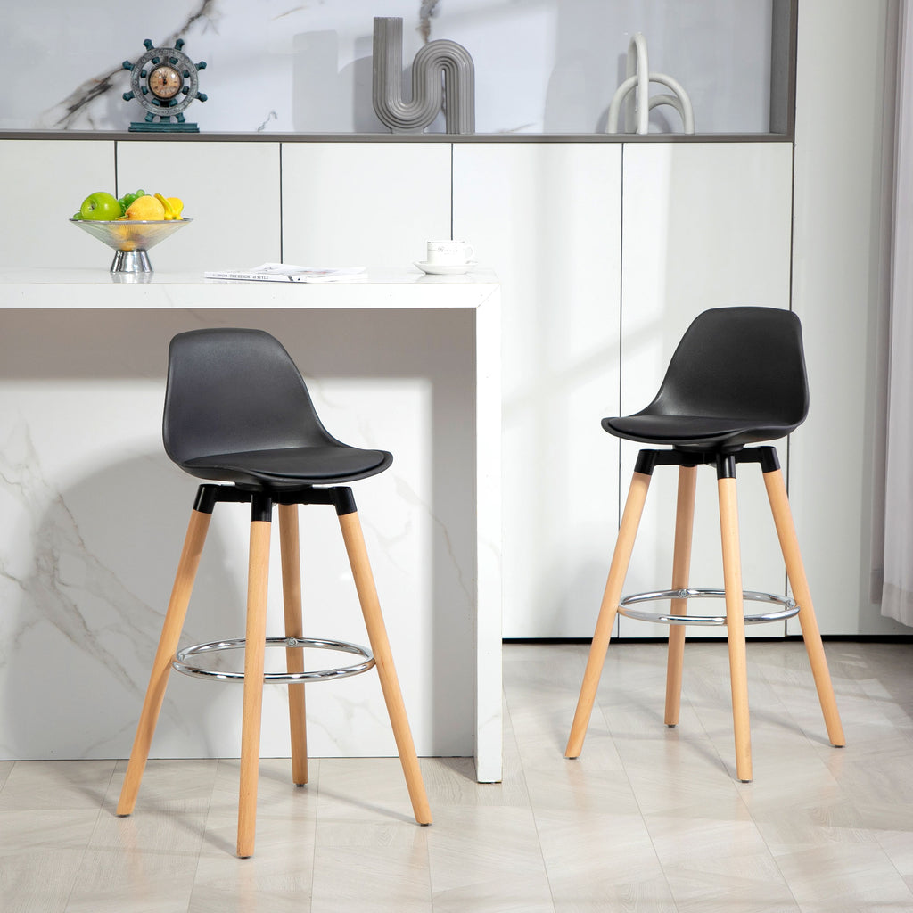 HOMCOM Set of 2 Modern PU Bar Stools, High Kitchen Stools with Backrest, Steel Footrest, 69cm High Padded Seat, Wooden Legs