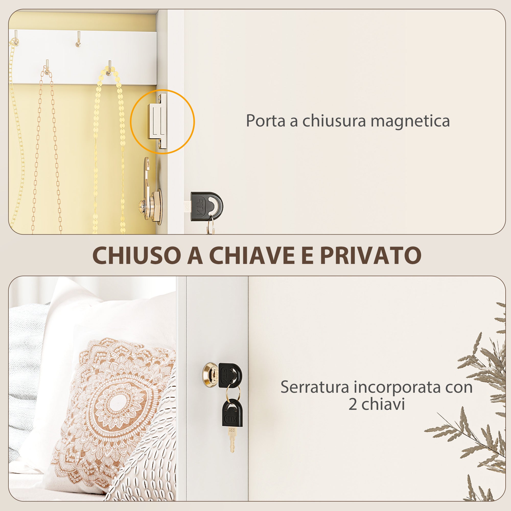 Wall-Mounted Mirrored Jewelry Cabinet with 2 Security Keys, Wooden, 36.5 x 9.5 x 67 cm, White
