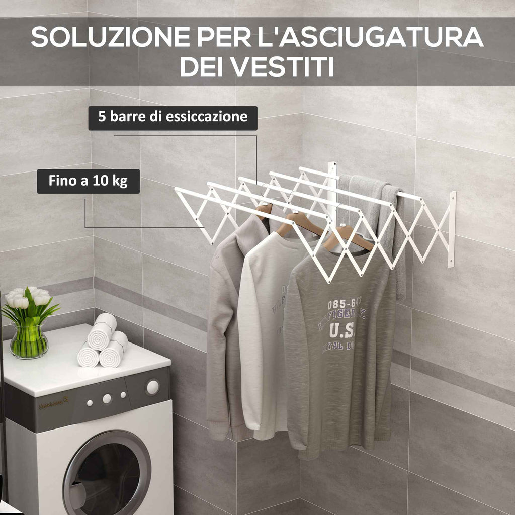 HOMCOM Retractable Wall-Mounted Clothes Airer for Indoor and Outdoor Use, 63.5 x 60 x 20 cm, White