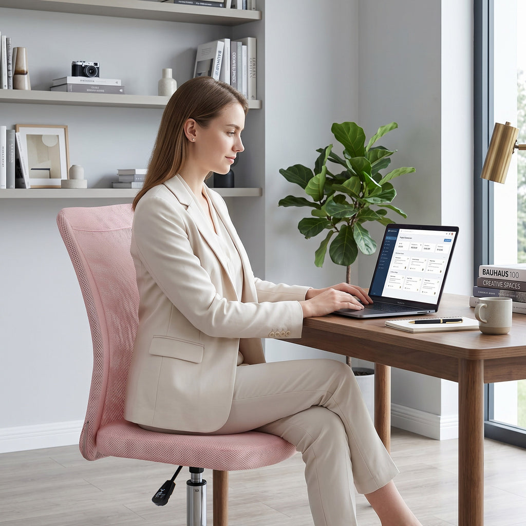 Vinsetto Ergonomic Swivel Office Chair Without Armrests, Breathable Mesh Fabric, Adjustable Height, Pink