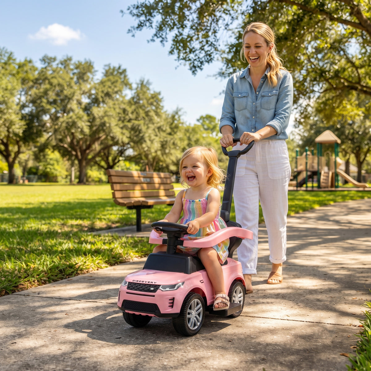 AIYAPLAY Land Rover Licensed Ride-On Car with Handle and Barrier, in PP and Steel, 84x40x94.5 cm, Pink